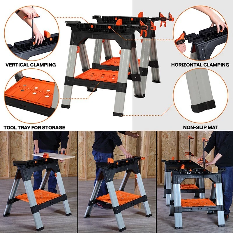 2-Pack Clamping Sawhorses, 1200 LBS Load Capacity