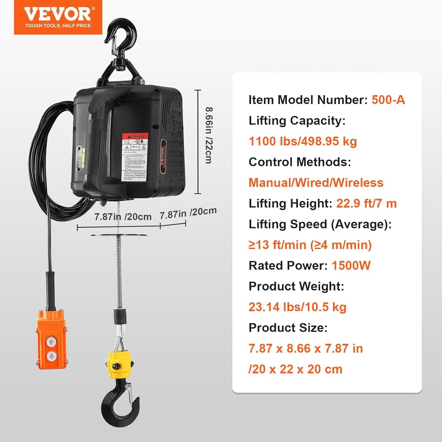 VEVOR 3-in-1 Electric Hoist Winch – 1100 lbs, 1500W, Portable with Remote Control & Overload Protection