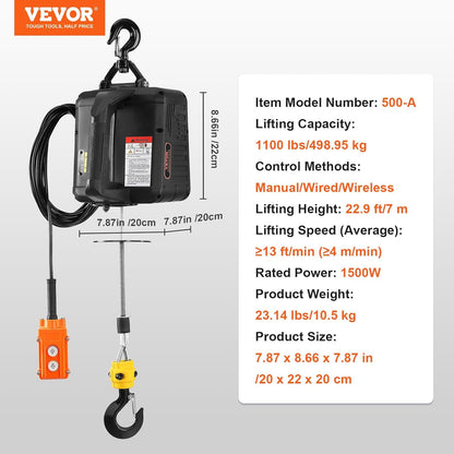 VEVOR 3-in-1 Electric Hoist Winch – 1100 lbs, 1500W, Portable with Remote Control & Overload Protection