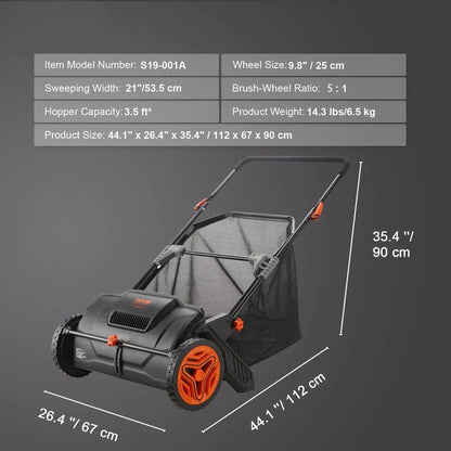 VEVOR 21-Inch Push Lawn Sweeper with 3.5 cu ft Hopper Bag.