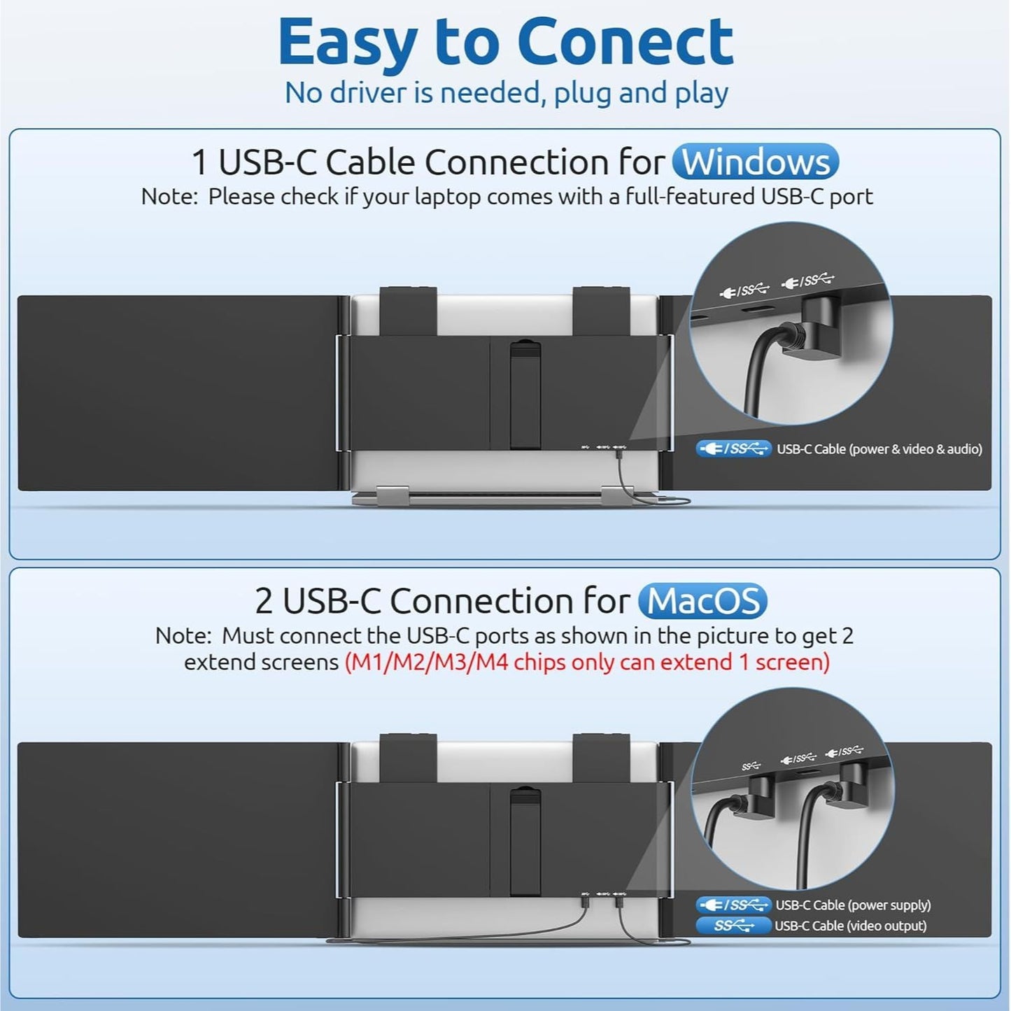 14" Dual Laptop Screen Extender – Portable 1080P IPS Triple Monitor, Plug & Play