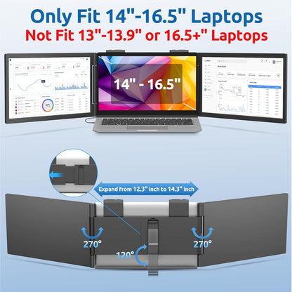 14" Dual Laptop Screen Extender – Portable 1080P IPS Triple Monitor, Plug & Play