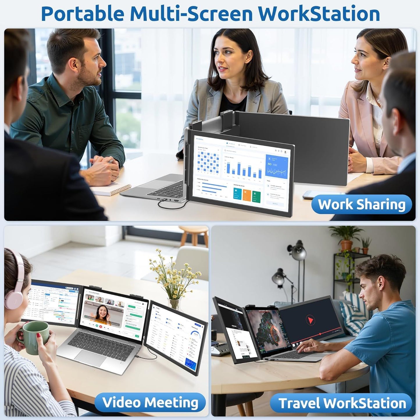 14" Dual Laptop Screen Extender – Portable 1080P IPS Triple Monitor, Plug & Play